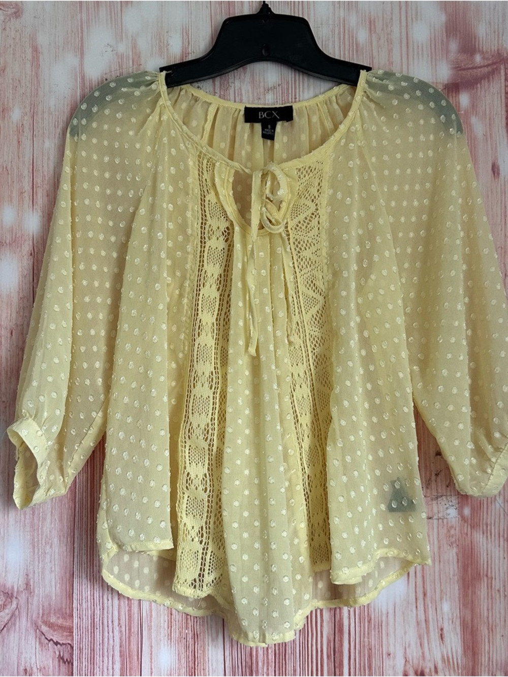 BCX Yellow Swiss Dot Sheer Embroidered Inlay 3/4 Sleeve Flowy Blouse Size S